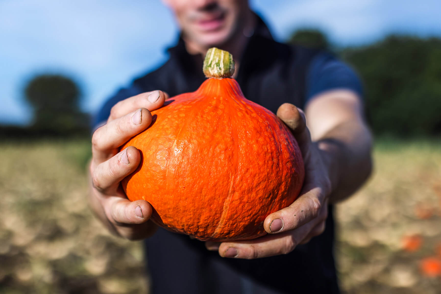 Un agriculteur tiens un potimarron